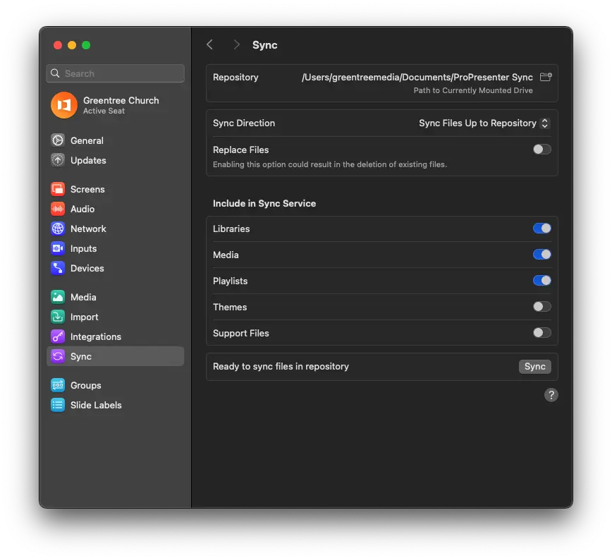 ProPresenter Settings Sync Page